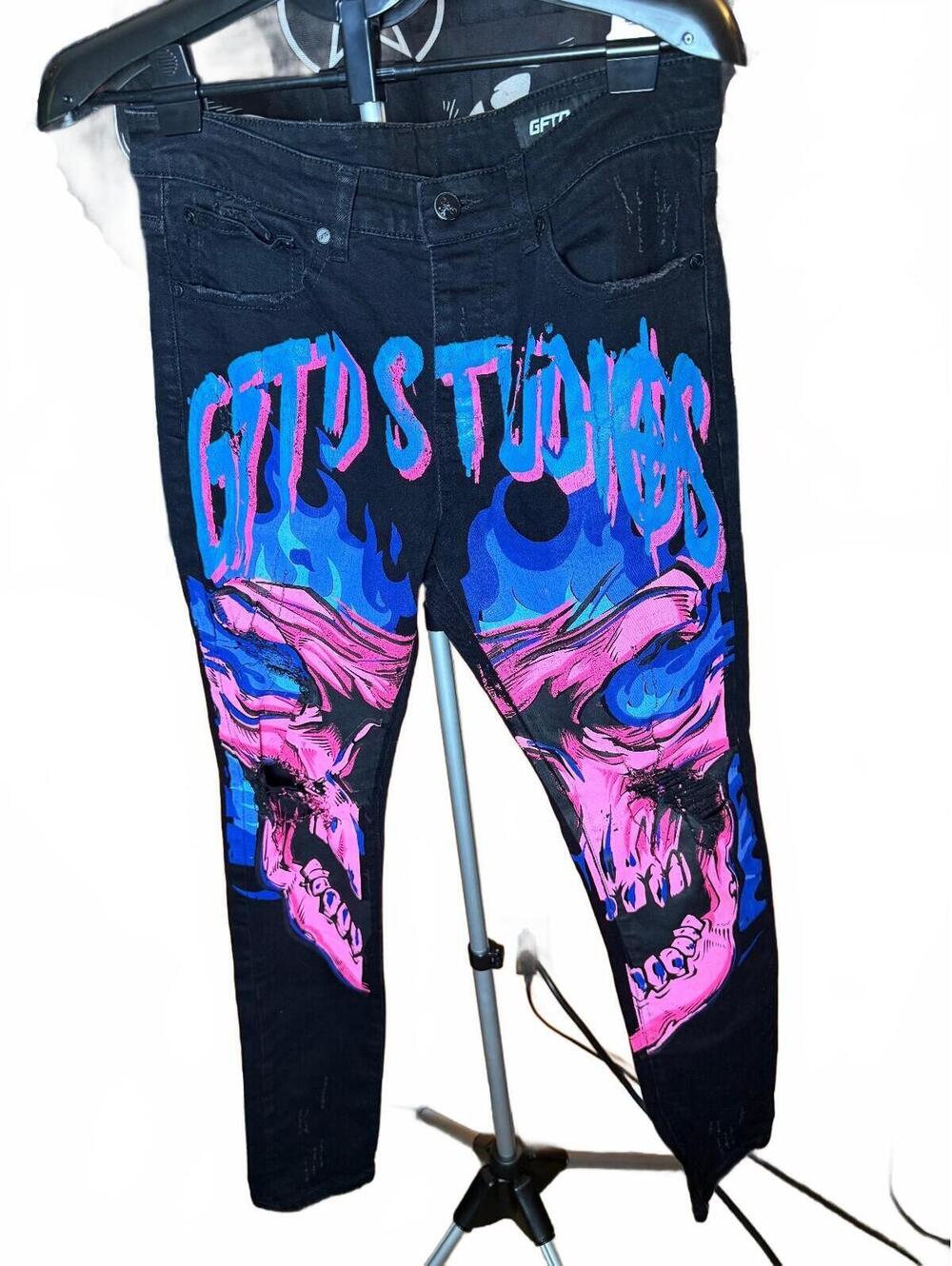 GFTD Studios Black Jeans distressed neon Skull Graphic Print sz 32 Los Angeles